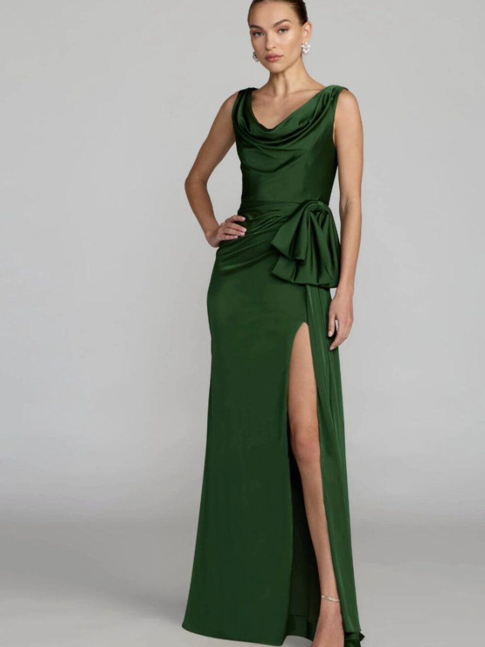 Ieena for Mac Duggal  Emerald Draped Cowl Neck Gown with Side Slit, size 2